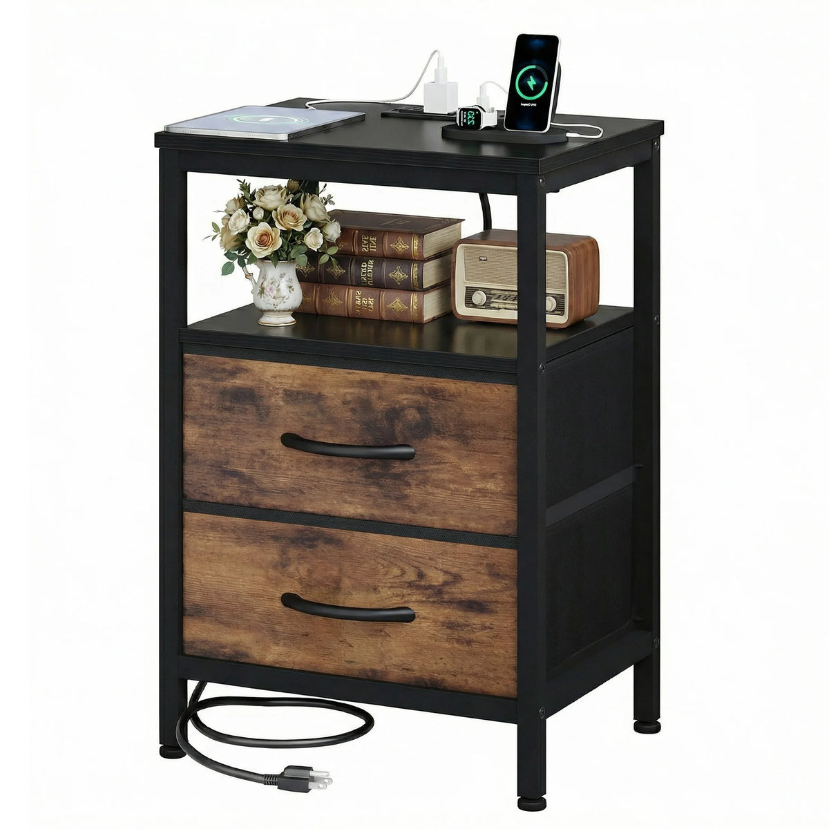 JHK 2 Fabric Drawers Night Stand with Open Shelf Bedside Table with USB Ports Charging Station Storage End Table for Living Room