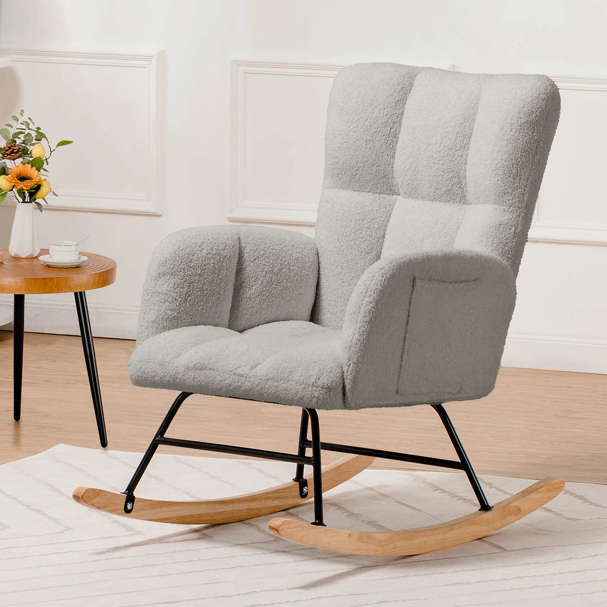 COMHOMA Nursery Rocking Chair, Teddy Glider with Side Pockets, High Back Chair for Adults, Bedroom & Living Room