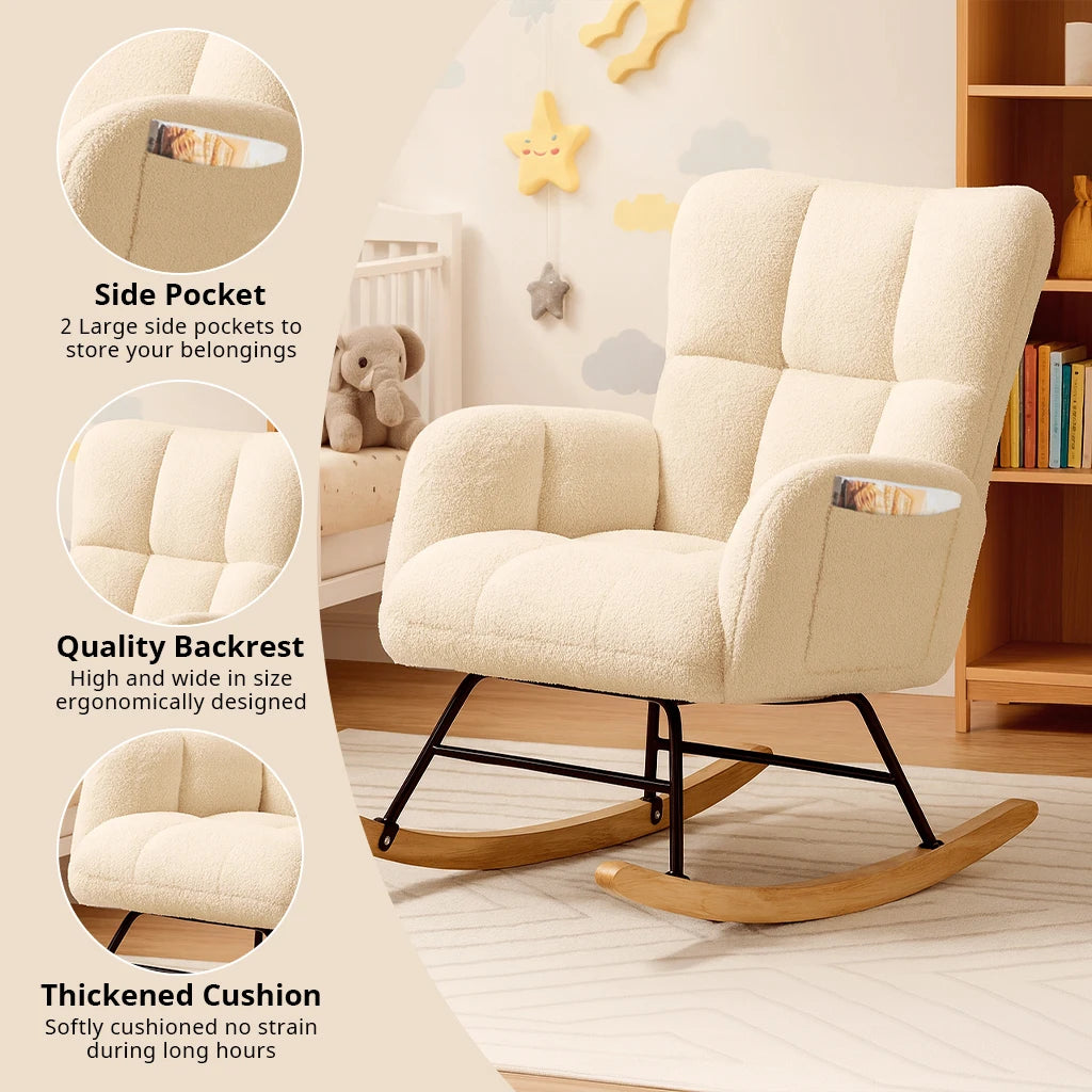 COMHOMA Nursery Rocking Chair, Teddy Glider with Side Pockets, High Back Chair for Adults, Bedroom & Living Room