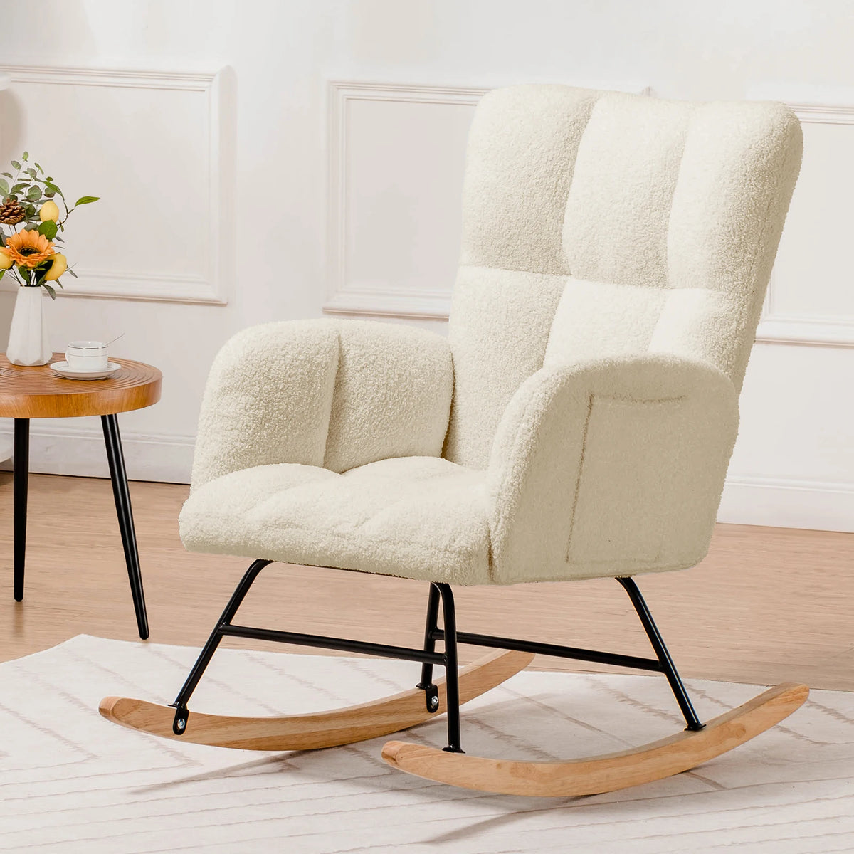 COMHOMA Nursery Rocking Chair, Teddy Glider with Side Pockets, High Back Chair for Adults, Bedroom & Living Room