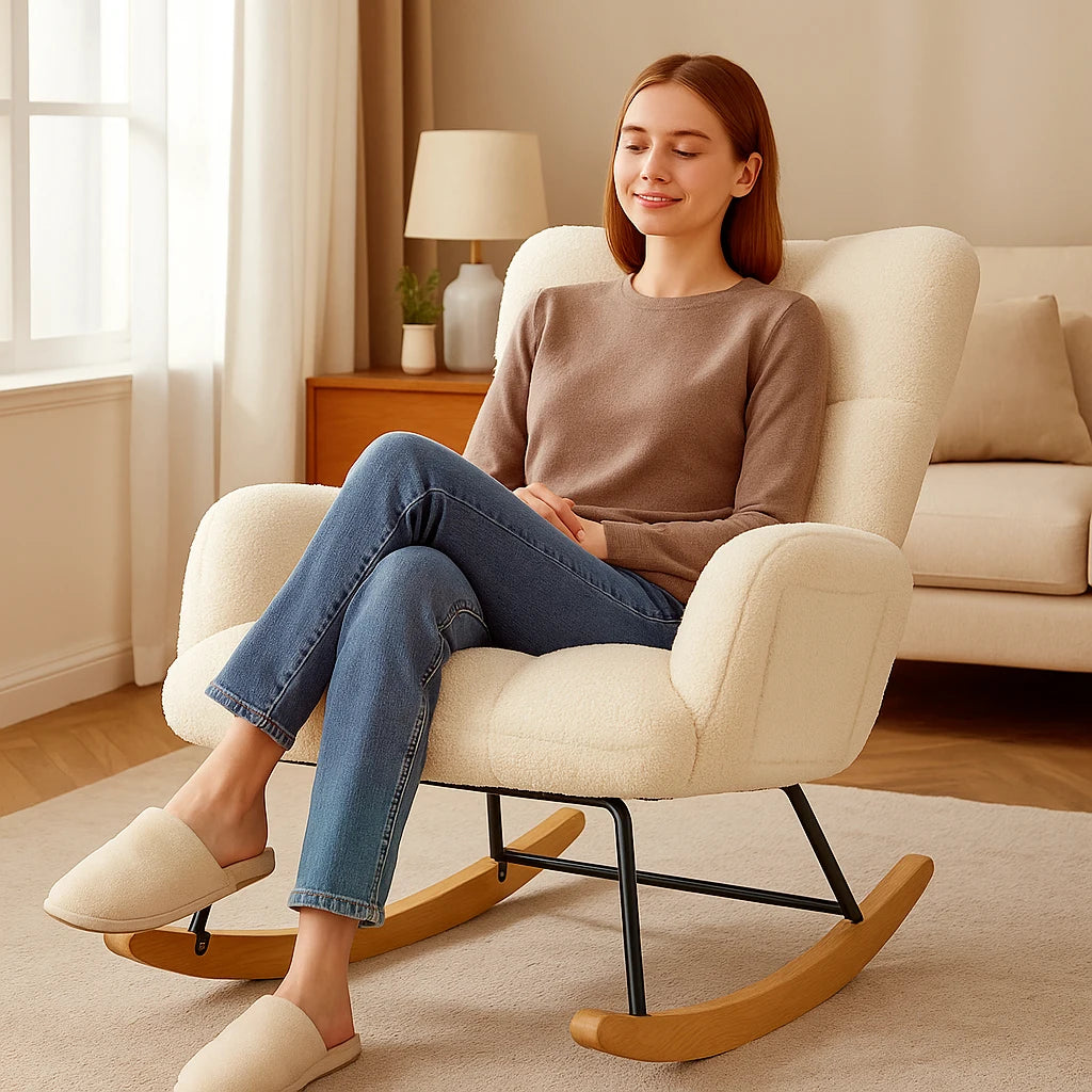 COMHOMA Nursery Rocking Chair, Teddy Glider with Side Pockets, High Back Chair for Adults, Bedroom & Living Room