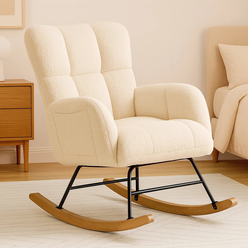 COMHOMA Nursery Rocking Chair, Teddy Glider with Side Pockets, High Back Chair for Adults, Bedroom & Living Room