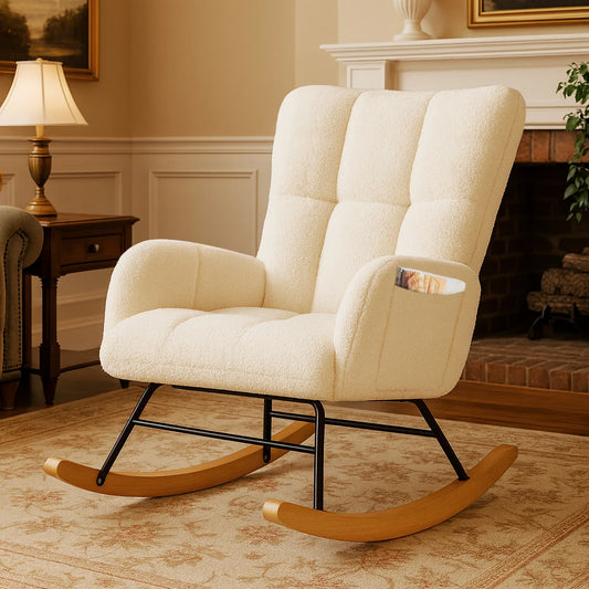 COMHOMA Nursery Rocking Chair, Teddy Glider with Side Pockets, High Back Chair for Adults, Bedroom & Living Room