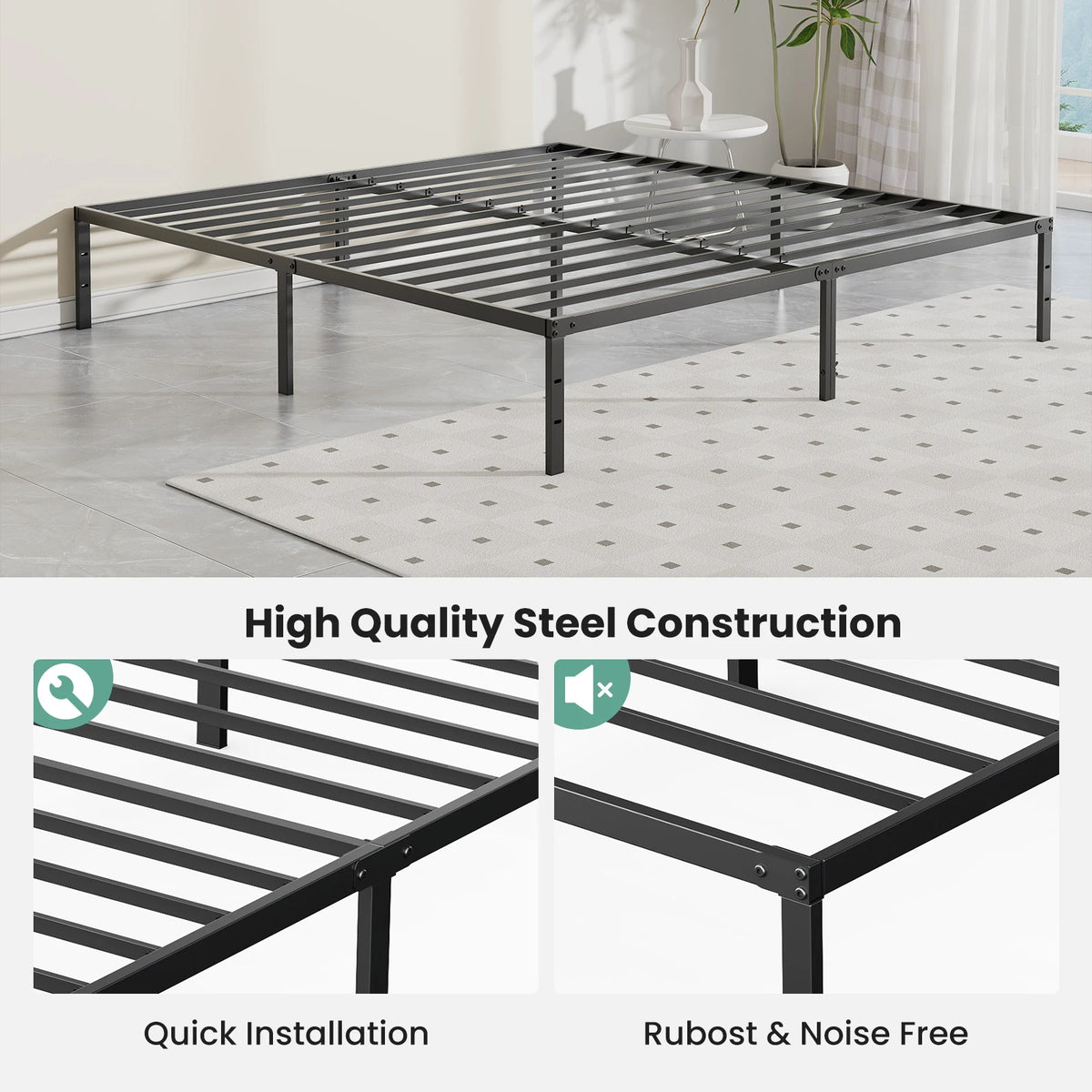 JHK 18IN Tall Basic Metal Platform Bed Frame Sturdy Steel Heavy Duty with Storage Space Bedroom Frames Slat Support For Home