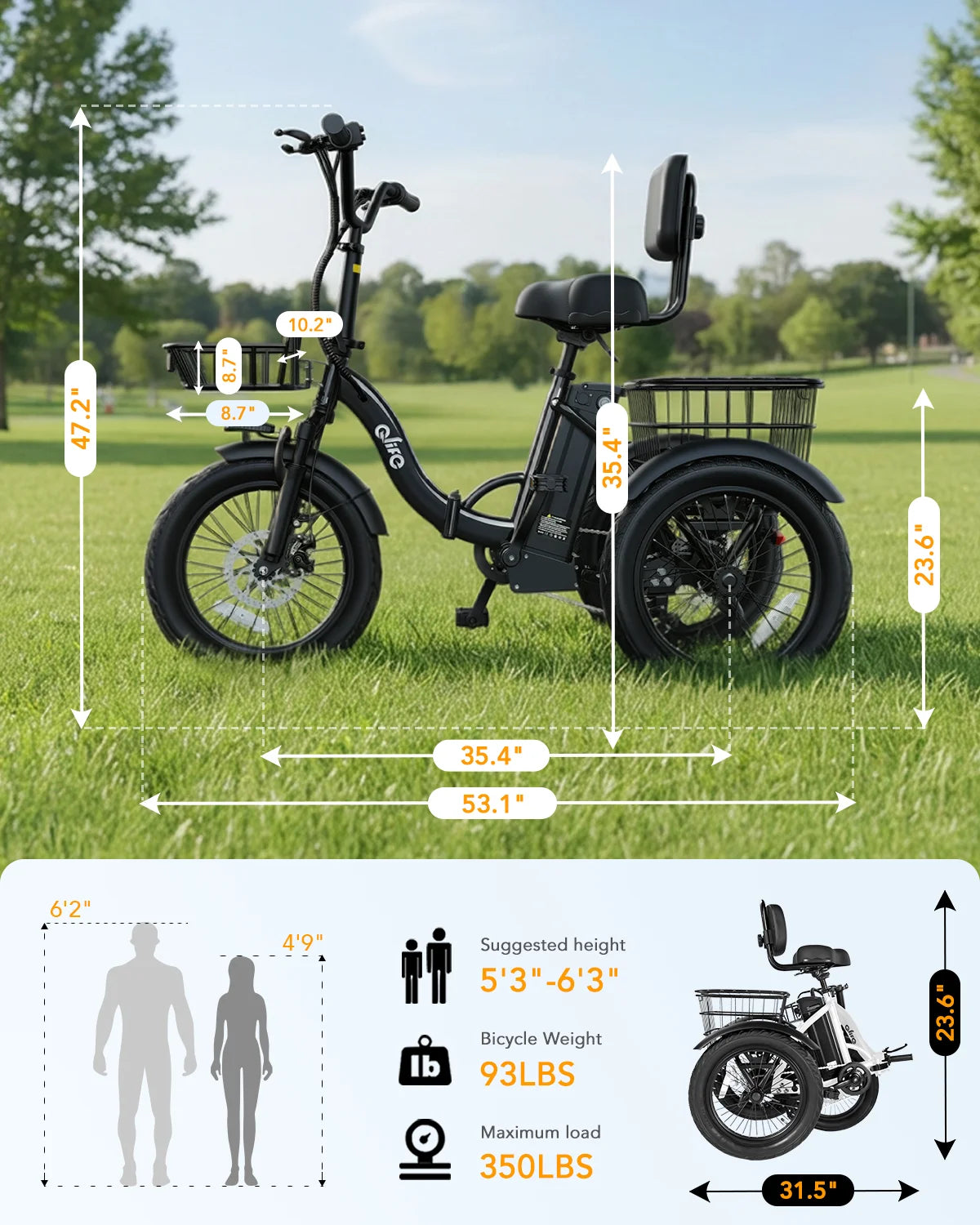 Qlife Triker 2.0 Folding Electric Trike, 1200W Motor 48V 10.4AH Removable Battery, 18''X3" Fat Tire Electric Tricycle, 18MPH Up to 50 Miles Etrike