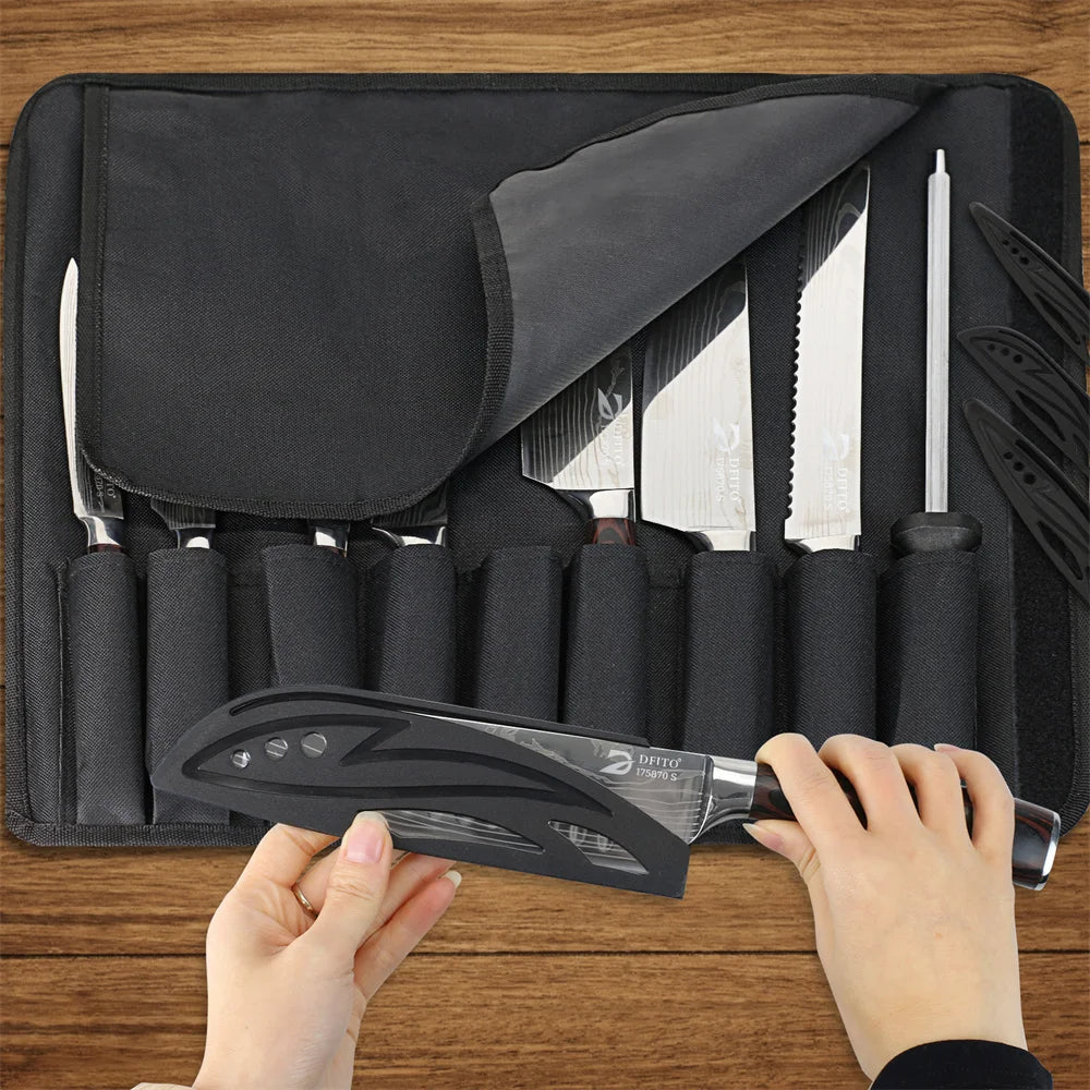 MDHAND 8PCS Damascus Stainless Steel Kitchen Knife Set Super Sharp Japanese Style Chef Santoku Cleaver Slicing Boning Utility Paring Knives Complete Cooking Cutlery Kit with Portable Protective Nylon Carry Bag for Home Kitche