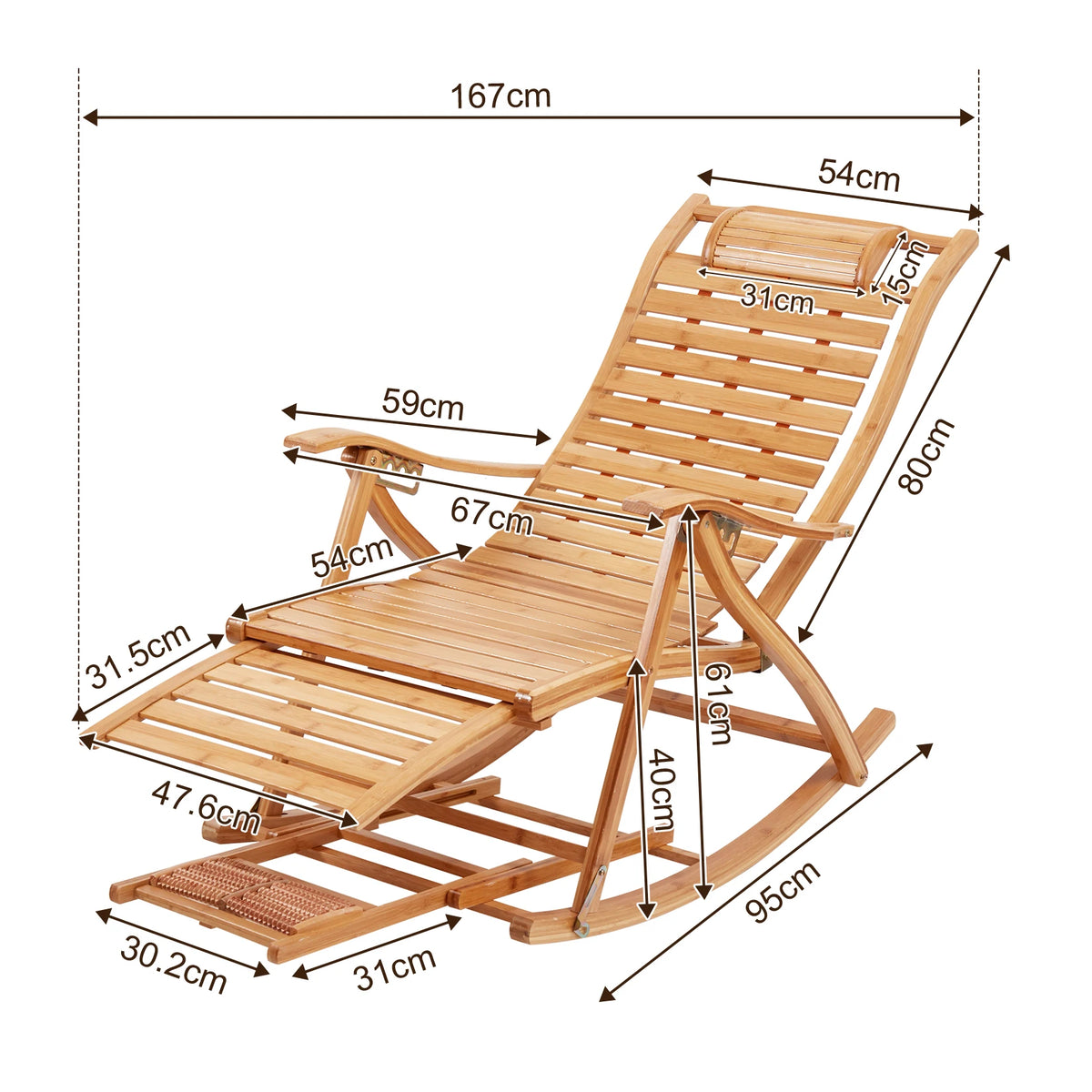 Heavy Duty Folding Rocking Chair Bamboo Living Room Indoor Outdoor Furniture Adjustable Sun Lounger Chairs