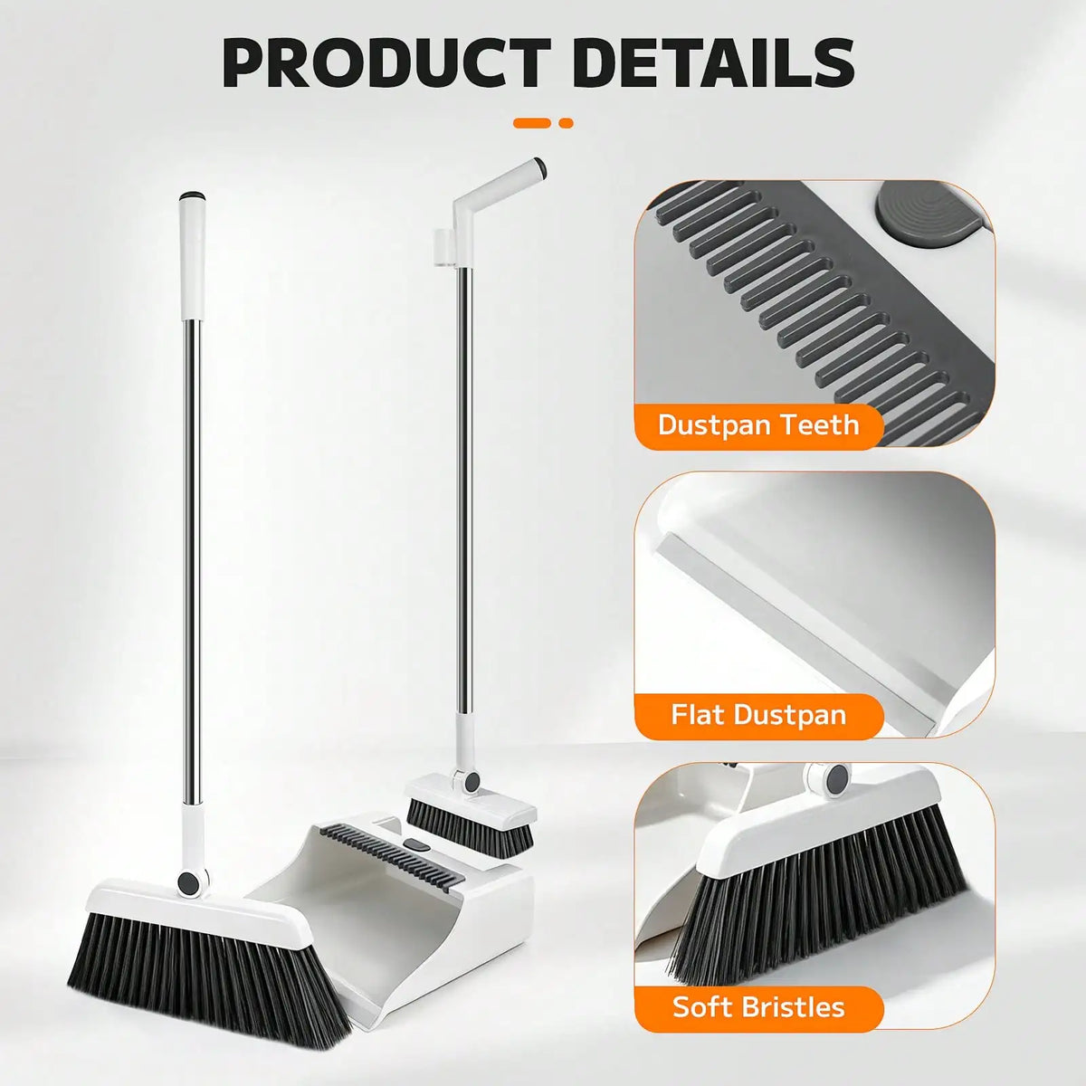 3-In-1 Broom Dustpan And Squeegee Set, Long Handle Floor Cleaning Sweeper With Comb Teeth, Space Saving Stand-Up Tool