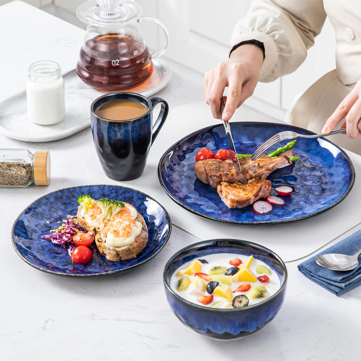 vancasso 16/32/48-Piece Starry Blue Dinner Set,Kiln Change Glaze Tableware Dinner Set with Dinner Plate,Dessert Plate,Bowl,Mug
