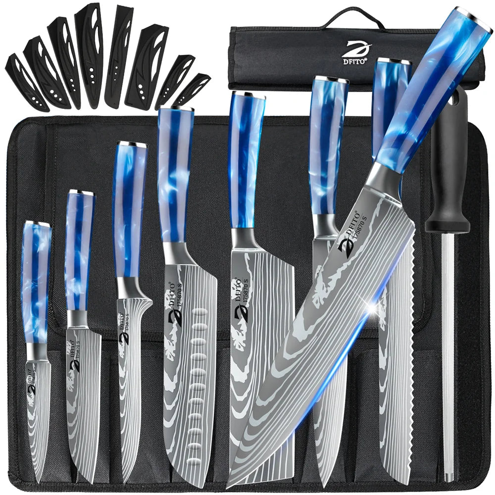 MDHAND 8PCS Damascus Stainless Steel Kitchen Knife Set Super Sharp Japanese Style Chef Santoku Cleaver Slicing Boning Utility Paring Knives Complete Cooking Cutlery Kit with Portable Protective Nylon Carry Bag for Home Kitche