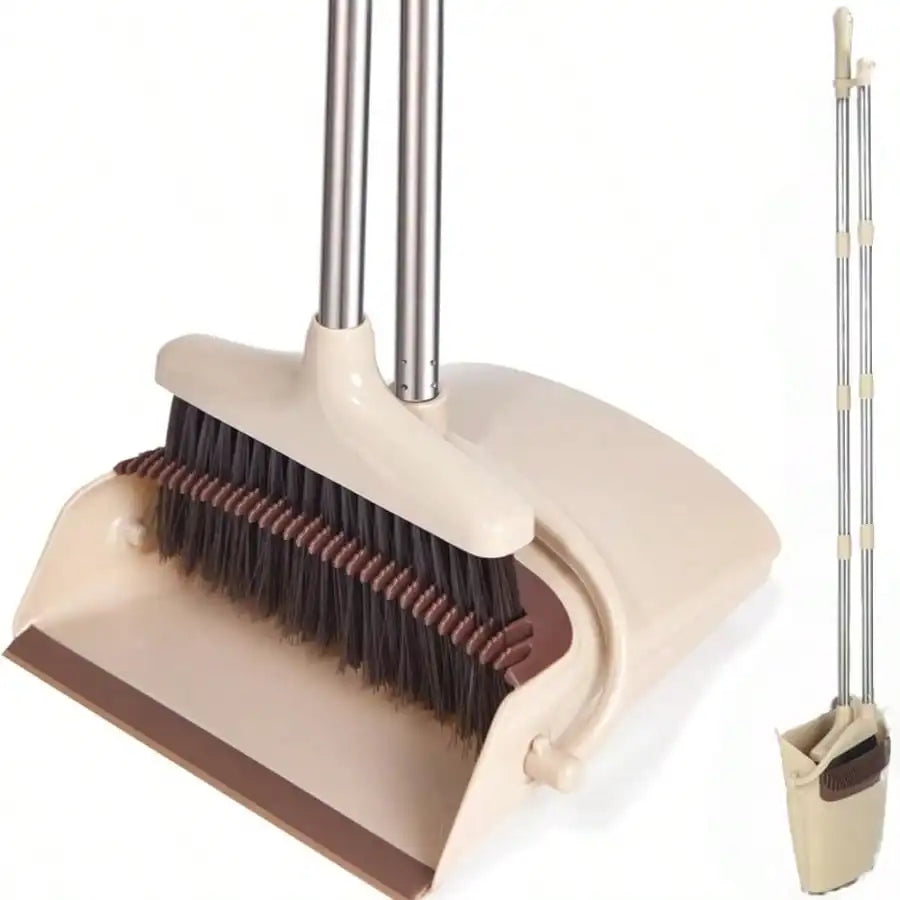 3-In-1 Broom Dustpan And Squeegee Set, Long Handle Floor Cleaning Sweeper With Comb Teeth, Space Saving Stand-Up Tool