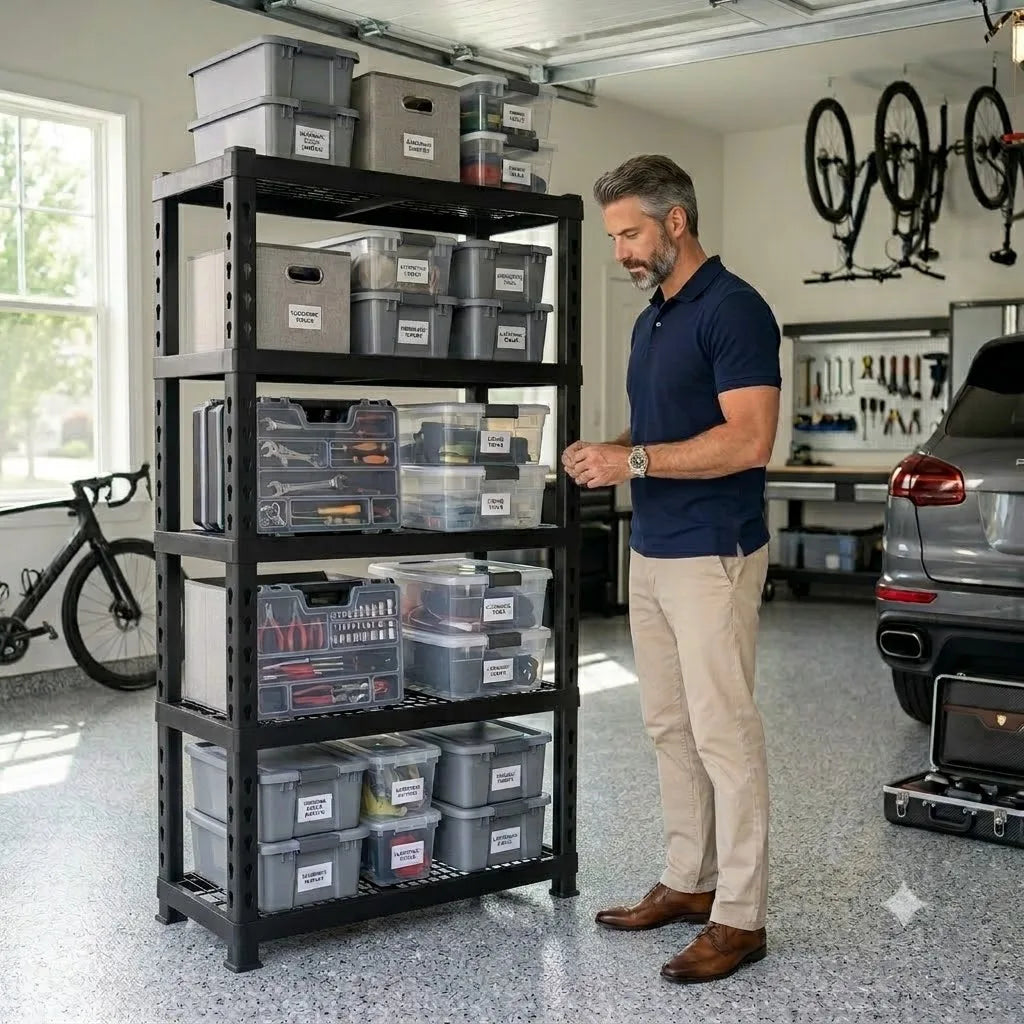 Heavy Duty 5-Tier Garage Shelving Unit, 27.6"W X 11.8"D X 59.8"H Space-Saving Metal Storage Rack, Boltless Tool Organizer Utility Shelf with Solid MDF Boards for Garage, Workshop, Basement