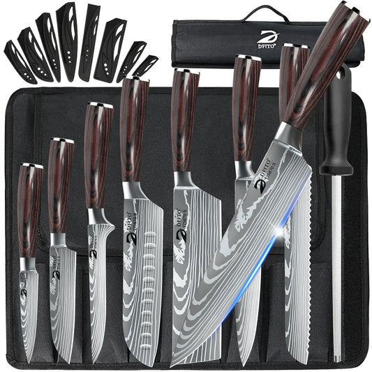 MDHAND 8PCS Damascus Stainless Steel Kitchen Knife Set Super Sharp Japanese Style Chef Santoku Cleaver Slicing Boning Utility Paring Knives Complete Cooking Cutlery Kit with Portable Protective Nylon Carry Bag for Home Kitche