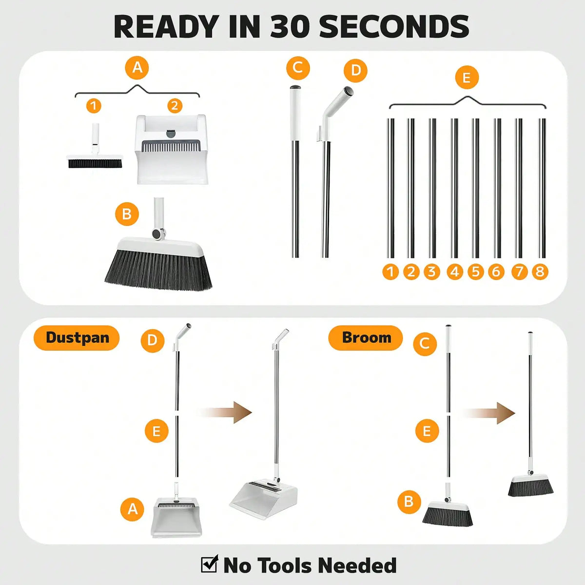 3-In-1 Broom Dustpan And Squeegee Set, Long Handle Floor Cleaning Sweeper With Comb Teeth, Space Saving Stand-Up Tool