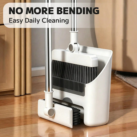 3-In-1 Broom Dustpan And Squeegee Set, Long Handle Floor Cleaning Sweeper With Comb Teeth, Space Saving Stand-Up Tool