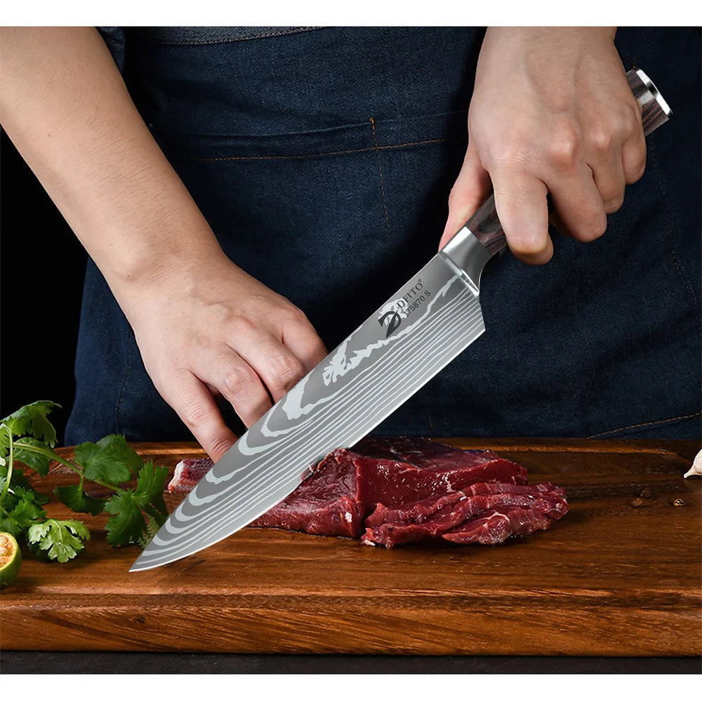 MDHAND 8PCS Damascus Stainless Steel Kitchen Knife Set Super Sharp Japanese Style Chef Santoku Cleaver Slicing Boning Utility Paring Knives Complete Cooking Cutlery Kit with Portable Protective Nylon Carry Bag for Home Kitche