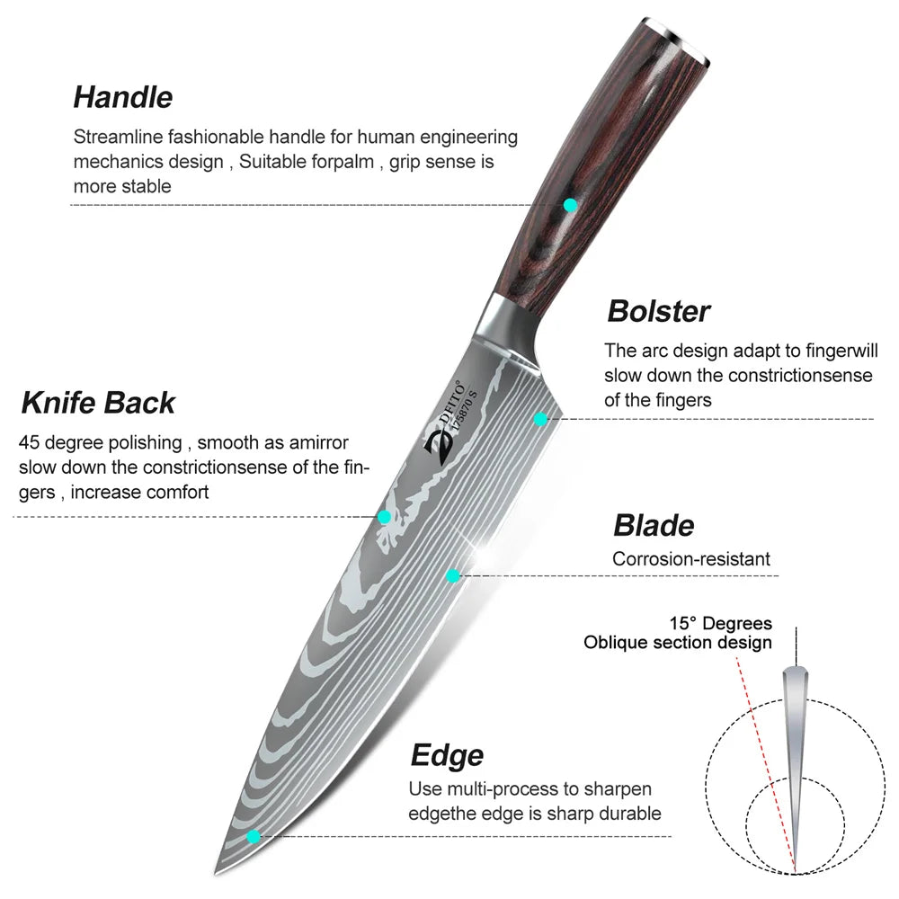 MDHAND 8PCS Damascus Stainless Steel Kitchen Knife Set Super Sharp Japanese Style Chef Santoku Cleaver Slicing Boning Utility Paring Knives Complete Cooking Cutlery Kit with Portable Protective Nylon Carry Bag for Home Kitche