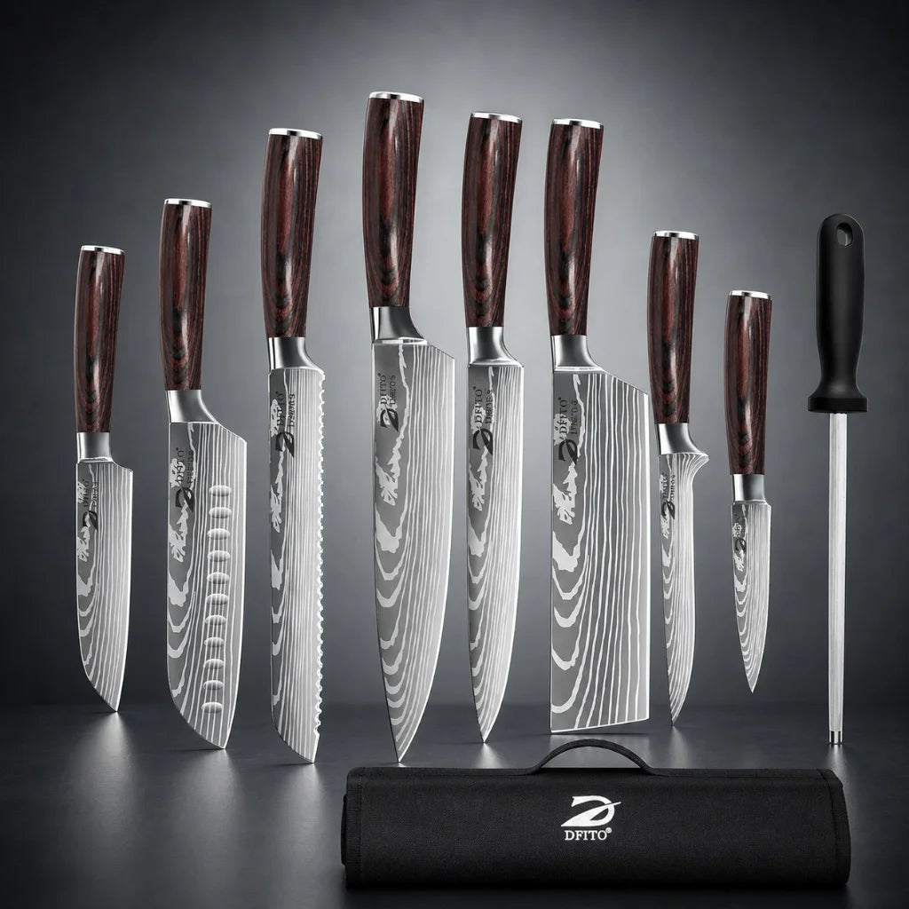 MDHAND 8PCS Damascus Stainless Steel Kitchen Knife Set Super Sharp Japanese Style Chef Santoku Cleaver Slicing Boning Utility Paring Knives Complete Cooking Cutlery Kit with Portable Protective Nylon Carry Bag for Home Kitche