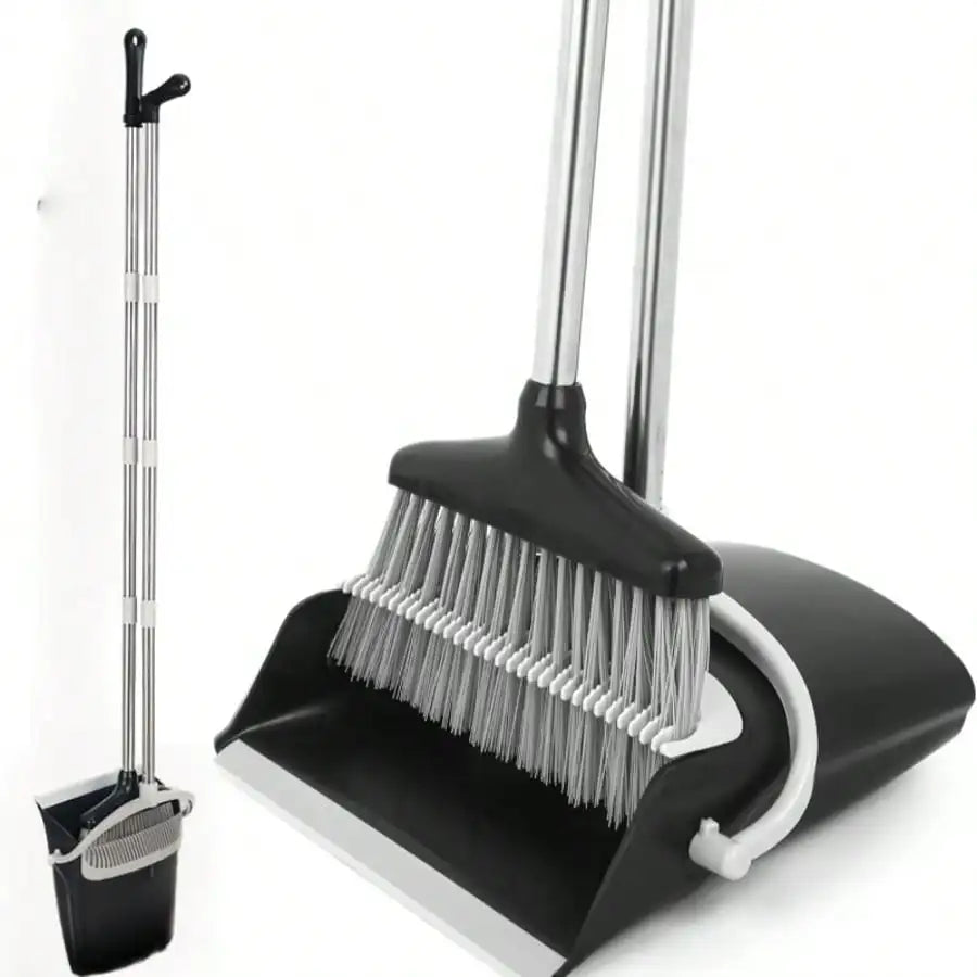 3-In-1 Broom Dustpan And Squeegee Set, Long Handle Floor Cleaning Sweeper With Comb Teeth, Space Saving Stand-Up Tool
