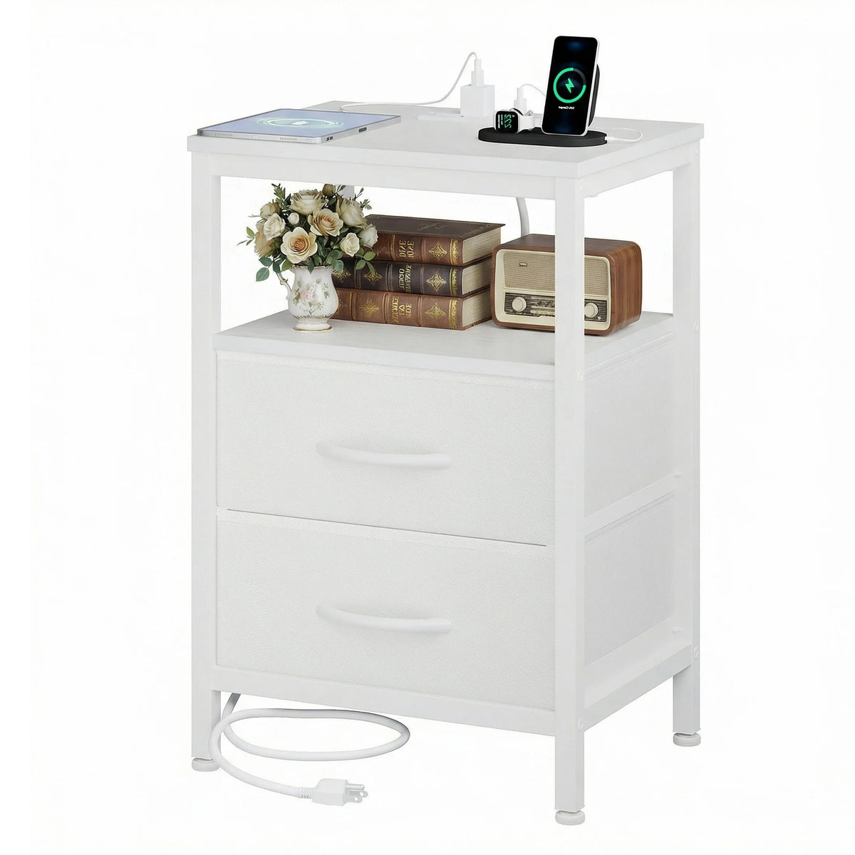 JHK 2 Fabric Drawers Night Stand with Open Shelf Bedside Table with USB Ports Charging Station Storage End Table for Living Room