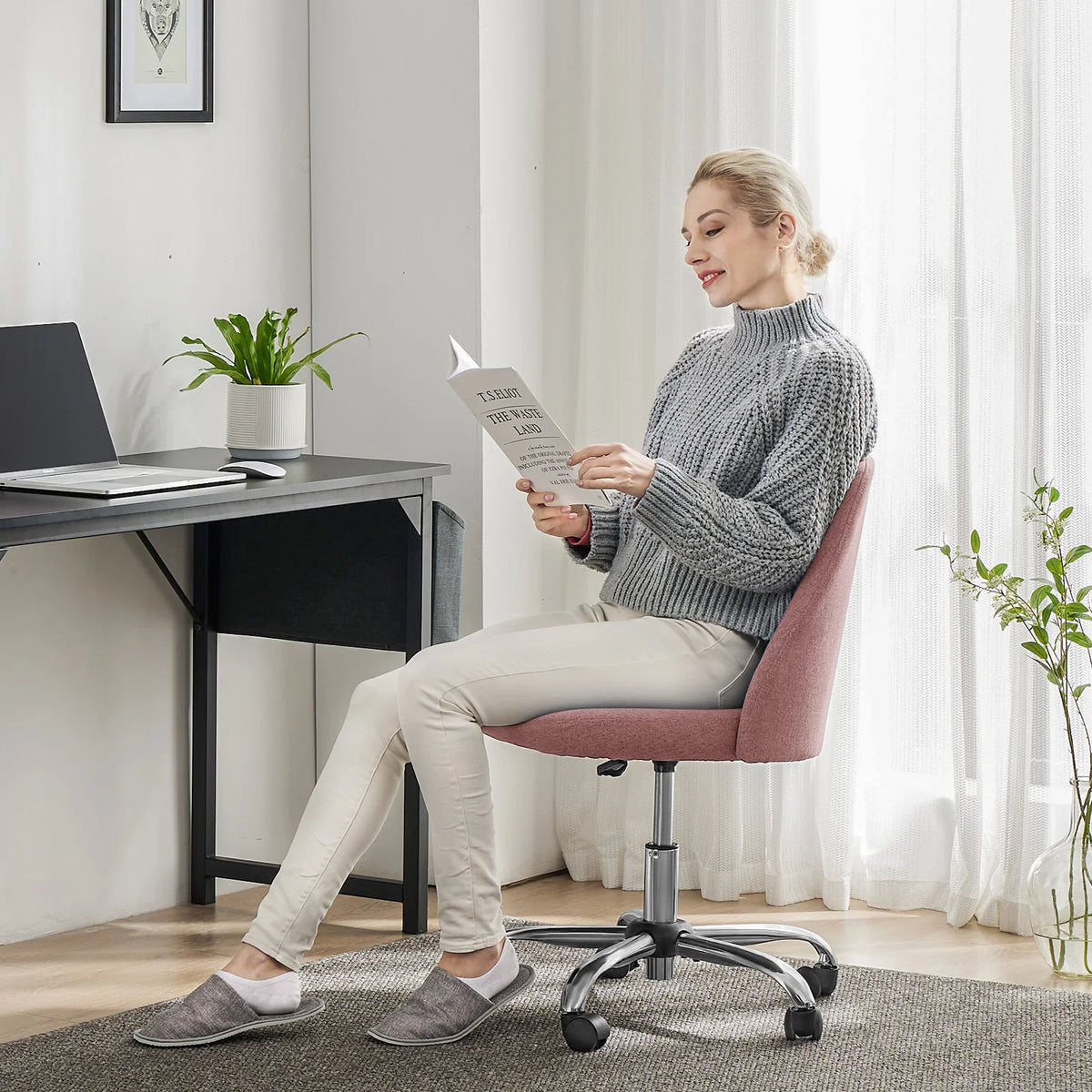 JHK Armless Small Desk Office Chair Cute Vanity Swivel Chair with Back Modern Fabric with Wheels Swivel Task Home Gaming Chair