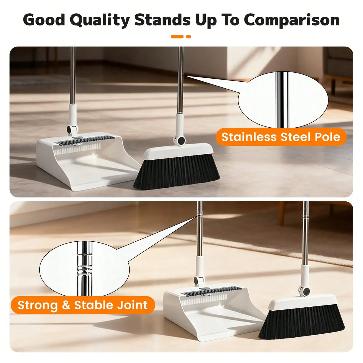 3-In-1 Broom Dustpan And Squeegee Set, Long Handle Floor Cleaning Sweeper With Comb Teeth, Space Saving Stand-Up Tool