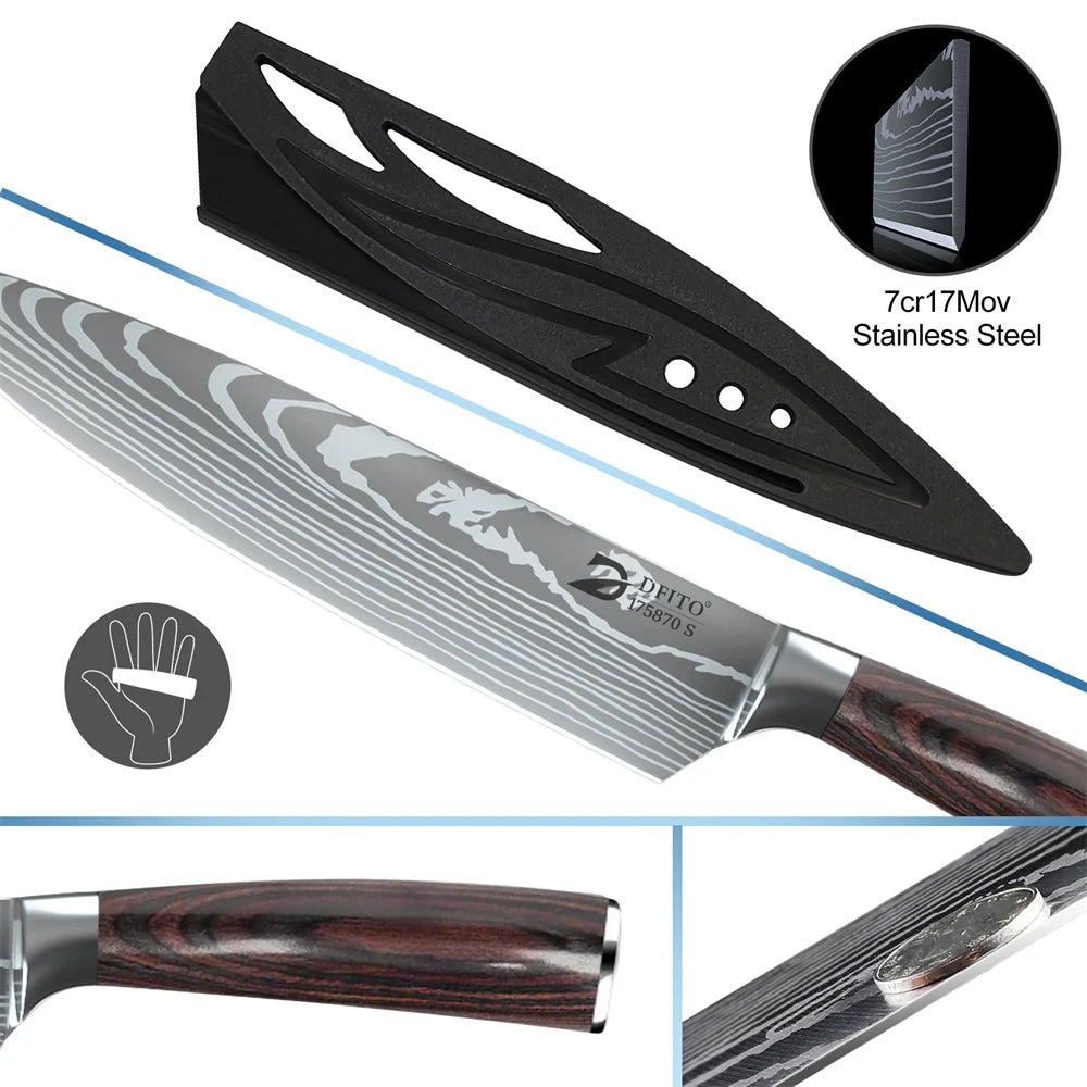 MDHAND 8PCS Damascus Stainless Steel Kitchen Knife Set Super Sharp Japanese Style Chef Santoku Cleaver Slicing Boning Utility Paring Knives Complete Cooking Cutlery Kit with Portable Protective Nylon Carry Bag for Home Kitche