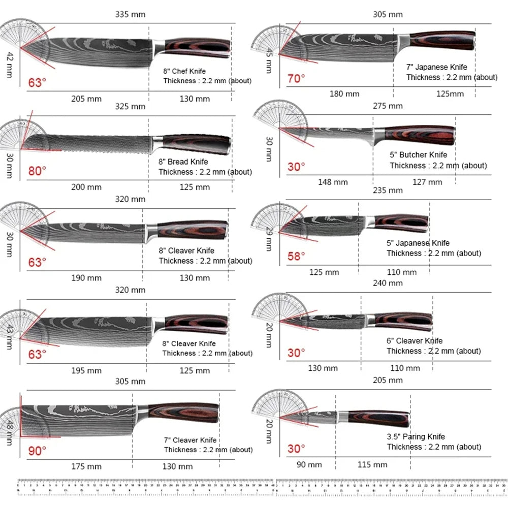 MDHAND 8PCS Damascus Stainless Steel Kitchen Knife Set Super Sharp Japanese Style Chef Santoku Cleaver Slicing Boning Utility Paring Knives Complete Cooking Cutlery Kit with Portable Protective Nylon Carry Bag for Home Kitche