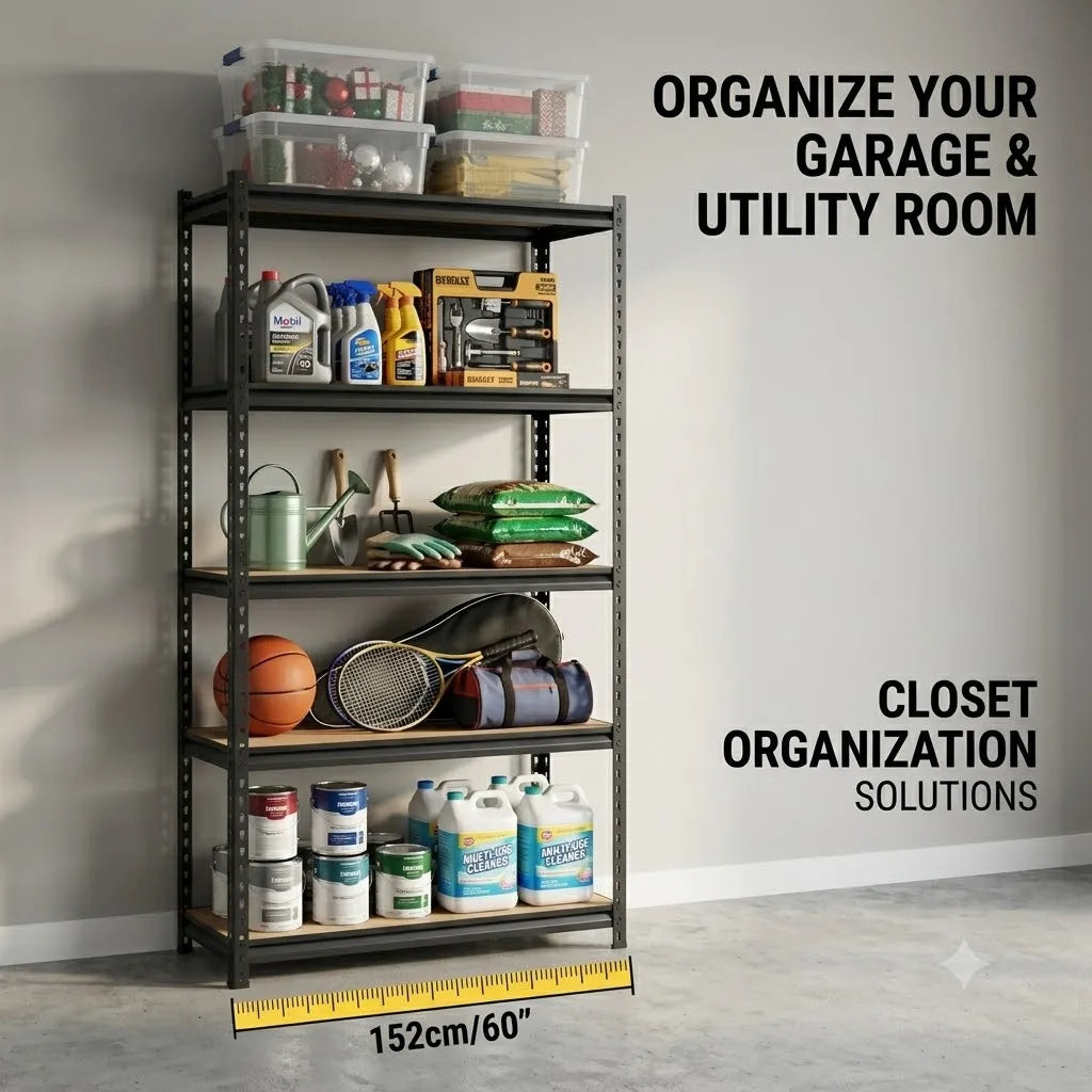 Heavy Duty 5-Tier Garage Shelving Unit, 27.6"W X 11.8"D X 59.8"H Space-Saving Metal Storage Rack, Boltless Tool Organizer Utility Shelf with Solid MDF Boards for Garage, Workshop, Basement
